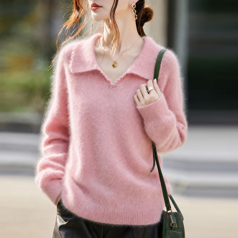 2026 A/W Women's Cashmere Wool Lapel Knit Sweater - Soft Brushed Solid Color, Long Sleeve