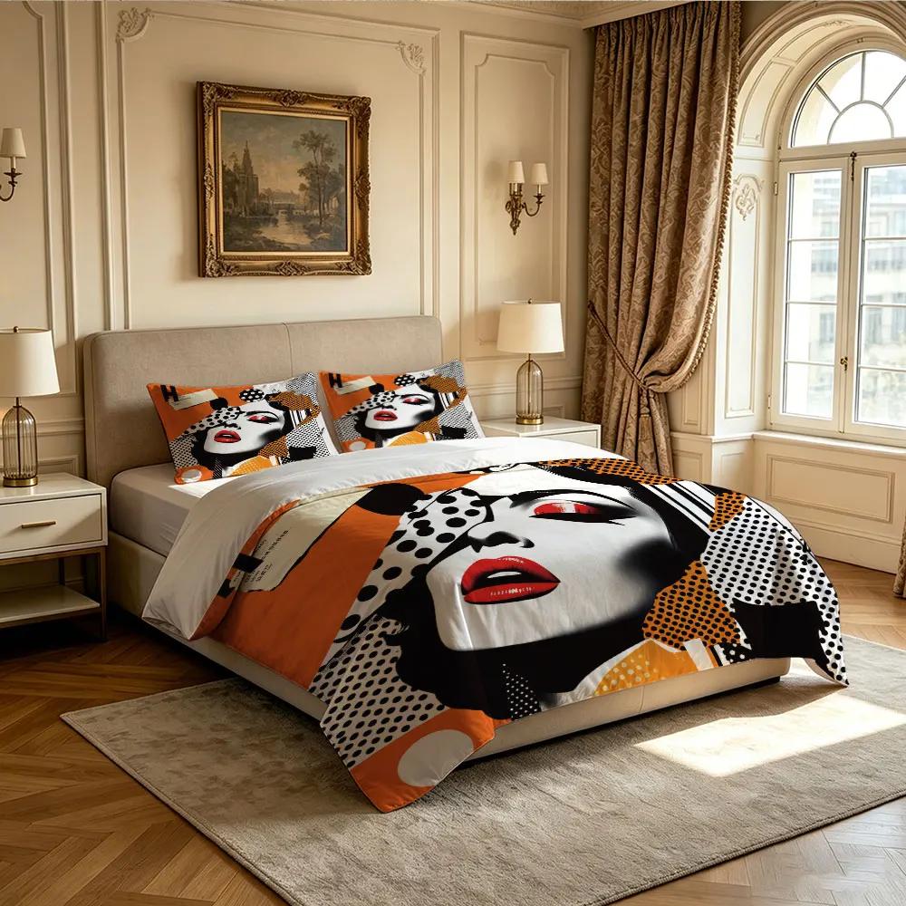 Set de așternut cu 3 piese, stil Pop Art, cu buze roșii, pentru pat, fără pilotă, material moale, lavabil la mașină și utilizat în scopuri decorative