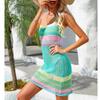Sleeveless Knitted Hollow Out Dress Colorful Stripe Patchwork Backless Fashionable Beach Bikini Dress for Summer Lake
