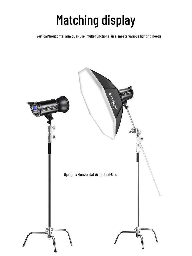 3.3m Stainless Steel Heavy Duty C-Stand with Portable Horizontal & Angled Arm for Photo Studio Lighting.