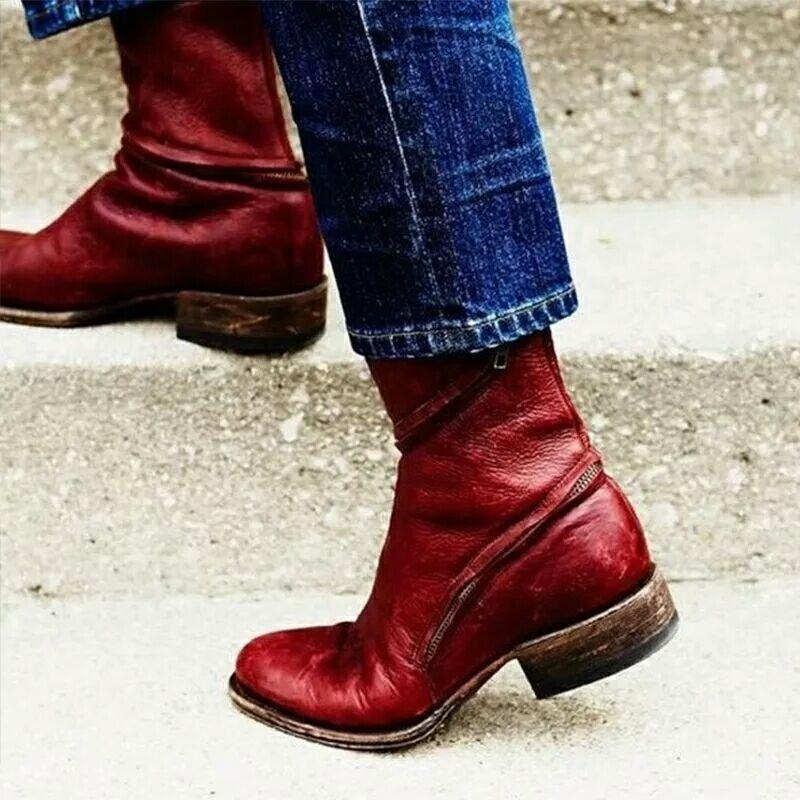 20 autumn and winter new square heel low heel Martin boots women wish large size -4 size medium tube zipper boots