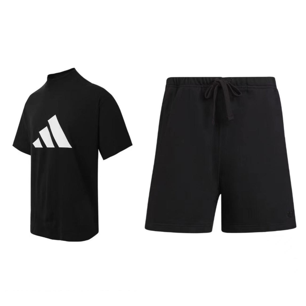 

Adidas Logo Print Top And Elastic Drawstring Five-Point Shorts Casual Sports Set Men sets Black JN4856+H33447 S