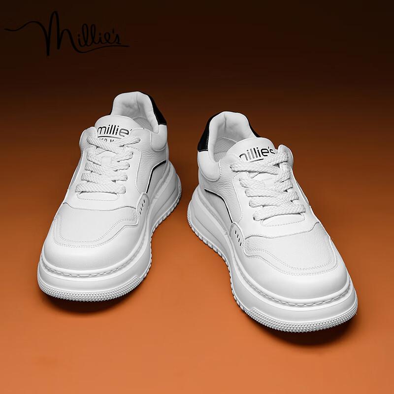 Millies Men s Genuine Leather Hidden Heel White Platform Sneakers U1933 40