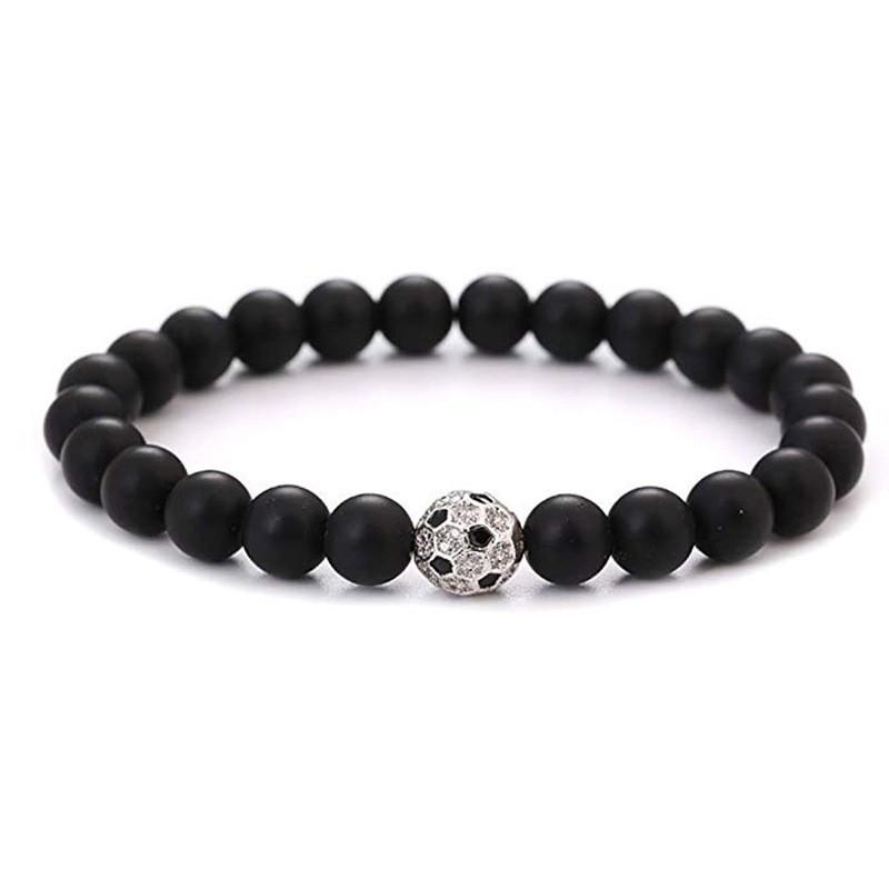 14k Gold Plated Zircon Football Bracelet with Volcanic Matte Black Stones 19cm, 8mm beads