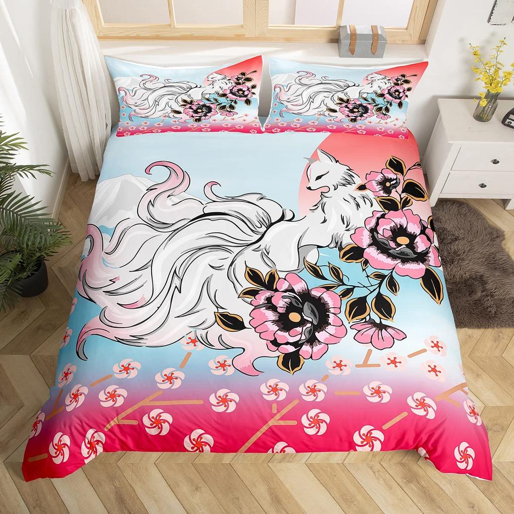 Crane Bedding Set Girl Cherry Blooming Fuji Mountain Sun Duvet Cover Kids Women Lotus Floral Comforter Cover Watercolor Decor