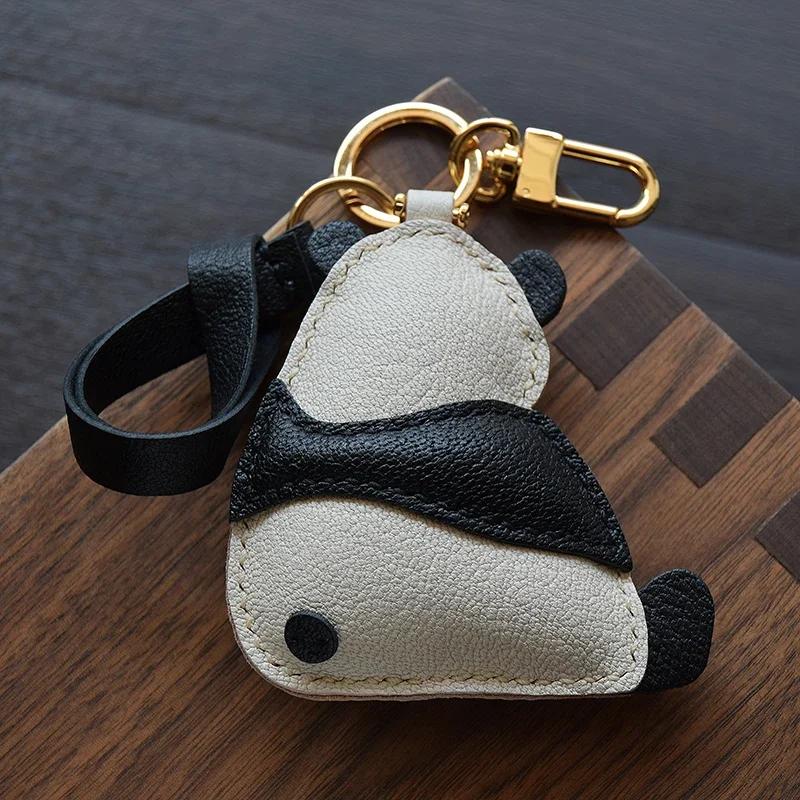 Handmade Leather Cute Panda Hand-sewn Leather Car Keychain Bag Ornament Keyring  Christmas and New Year Gifts