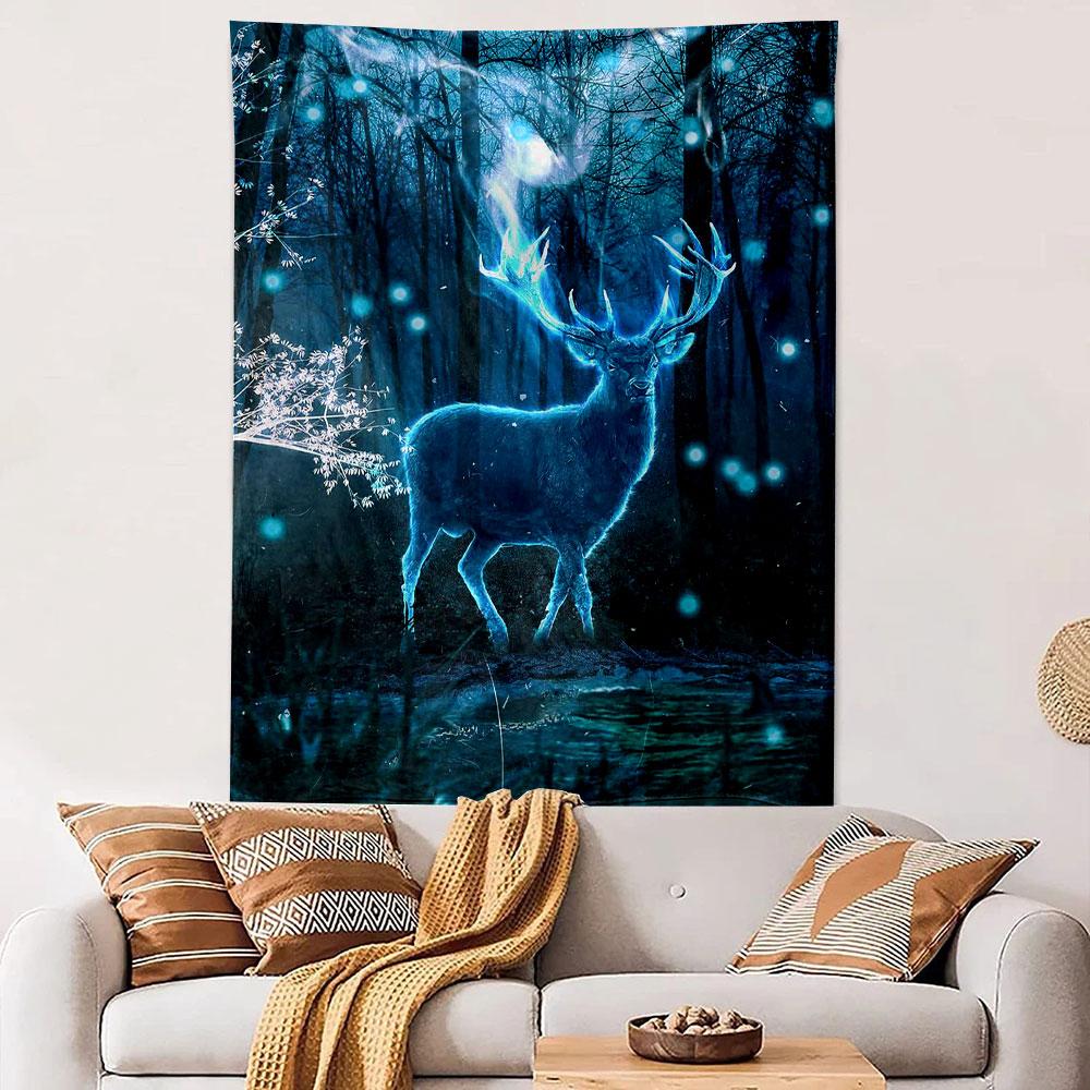 Glowing Blue Stag Wall Tapestry Spirit Deer Dark Forest Fireflies Magical Patronus Decor Bedroom Living Room Gift