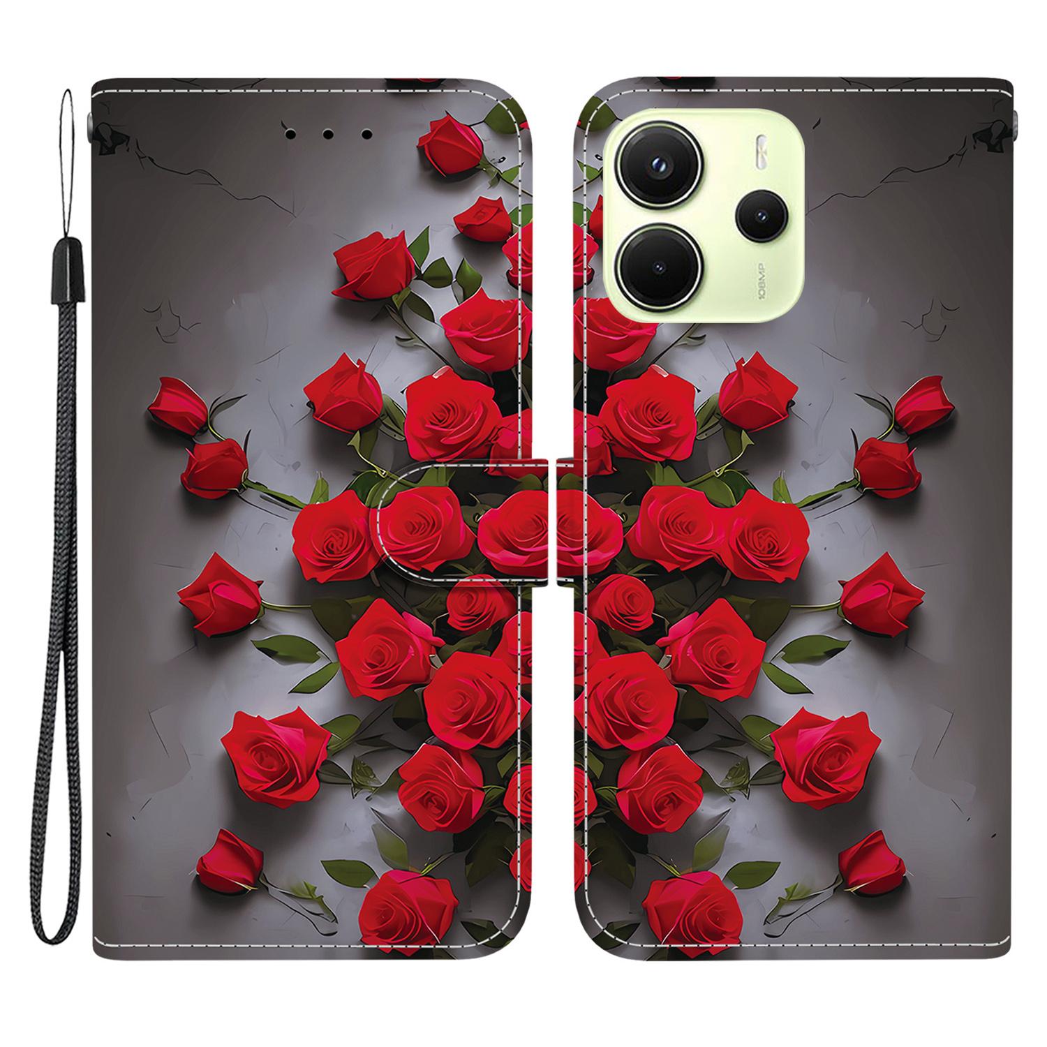 

Для Xiaomi Redmi Note 14 4G (164,84 мм) Шкіряний чохол-підставка-гаманець з друком візерунка, чохол для телефону з ремінцем на зап ястя Red Rose