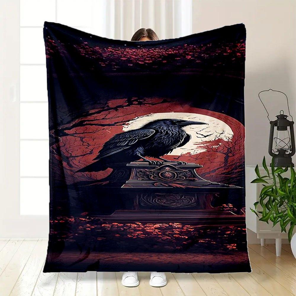 "Midnight Raven: Gothic Moonlit Art Print"Blanket Flannel Throw Blanket for Sofa, Bed, Travel, Camping, Office, Couch, Chair, And Bed Gift f