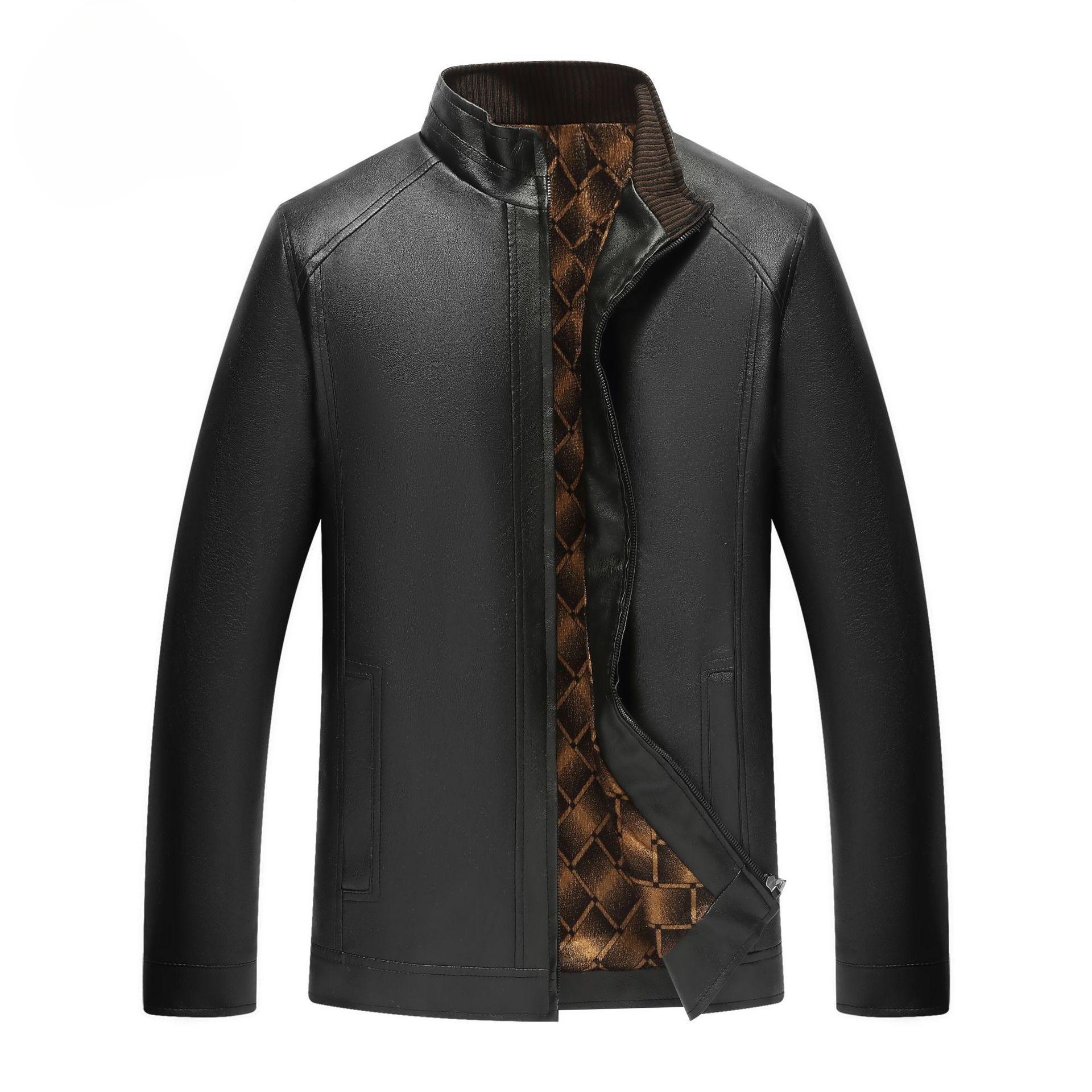 

Мужская классическая куртка из искусственной кожи с воротником-стойкой, зимние теплые флисовые льняные куртки 60 чёрный