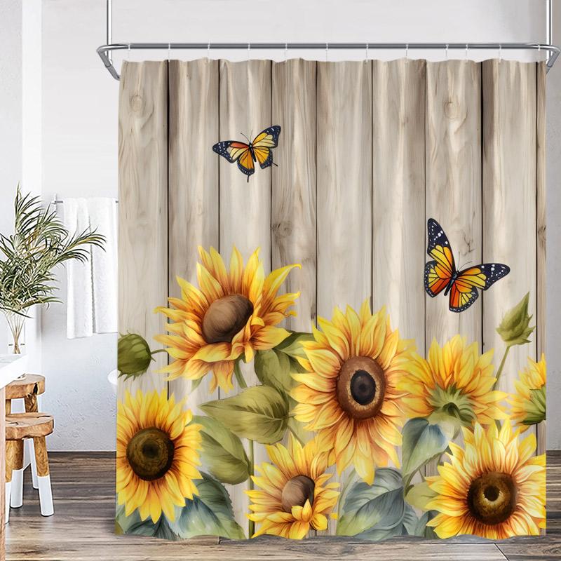 

Rustic Sunflower Shower Curtains Yellow Floral Plant Vintage Art Modern Polyester Fabric Home Bathroom Curtain Decor With Hooks 90x180cm-35x70in
