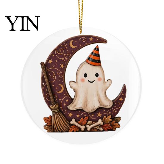 Festive Home Decor Halloween Ghost Hanging Ornament, Double Side 2D Acrylic Black Cat Bat Skull Spooky Room Pendant for Door Window, Party Decoration