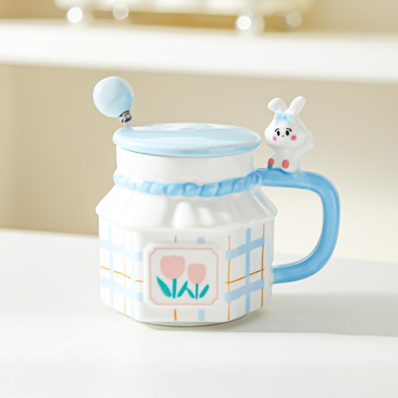 Tulip Rabbit Flower Couple Mug Creative High Value Home Office Ceramic Cup Coffee Cup with Lid