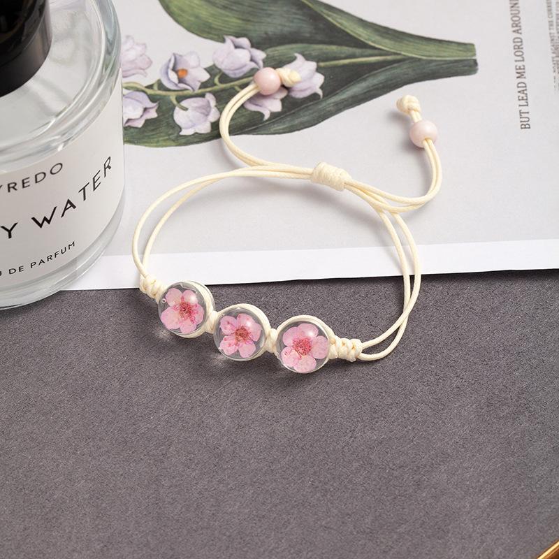 Fresh And Sweet Peach Blossom Bracelet Handmade Woven Girlfriend Dried Flower Bracelet Street Stall Girl Glass Dried Flower Bracelet