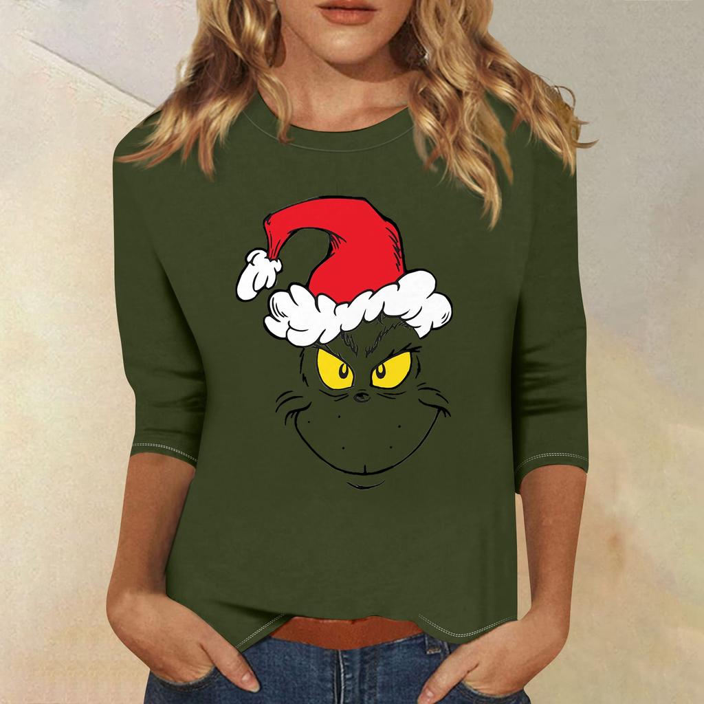 3/4 Sleeve Tops For Women T-Shirt Casual Christmas Print Tops T Shirt Round Neck Pullover Blouse