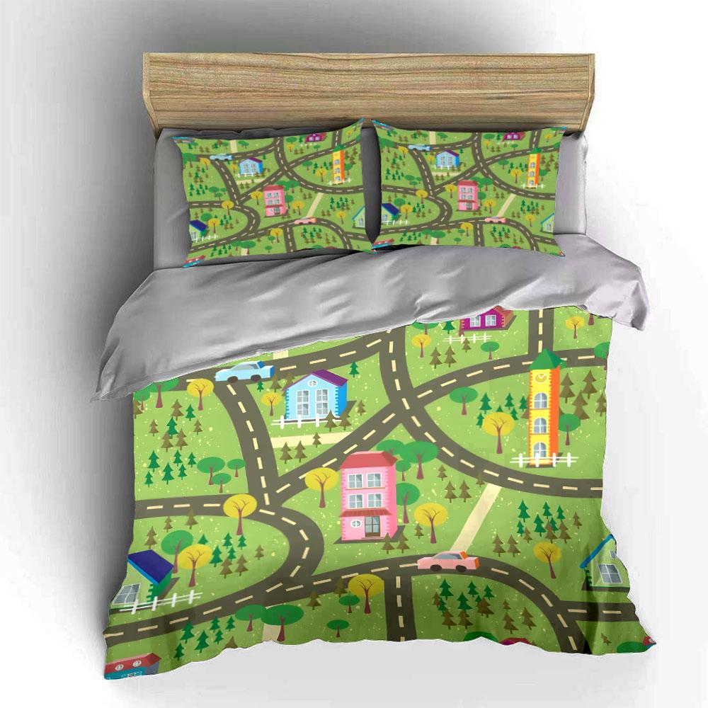 Colorful Town Map Play Set kid s and adults bedroom decor, Exquisite three-piece bedding set gift 135x200cm