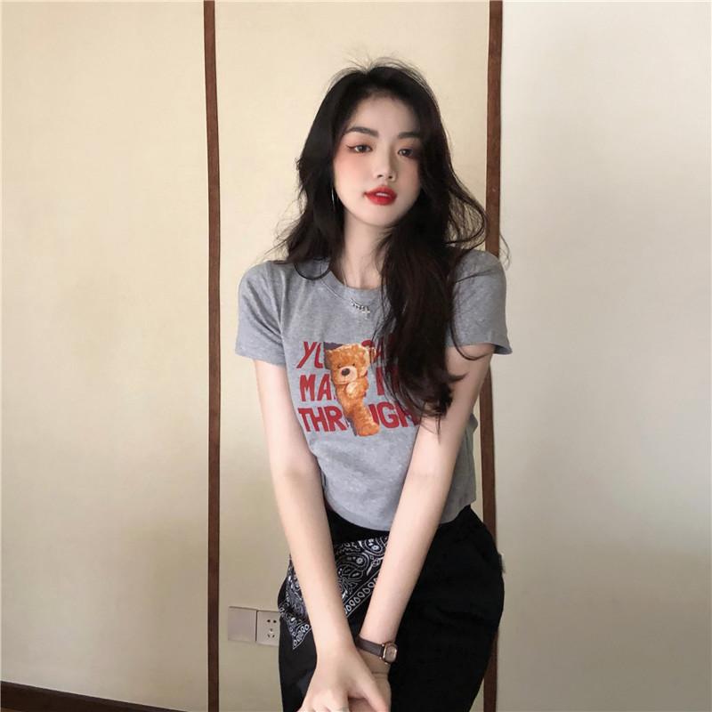 

Summer new Korean version of the letter bear print short-sleeved T-shirt women s slim short top women s clothing 2XL світло-сірого кольору