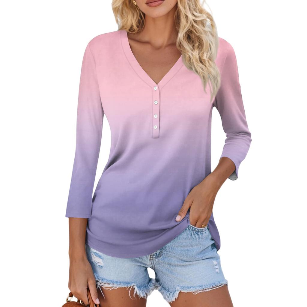 Women's Casual Fashion Sexy Comfortable V-neck Button Gradient Color Three-quarter Sleeve Top