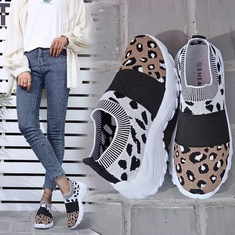 Men Women Summer Sports Sneakers Breathable Leopard print Sneaker Walking Fitness Sport Shoes Chunky Platform Height Increasing Loafers Elastic Tra...