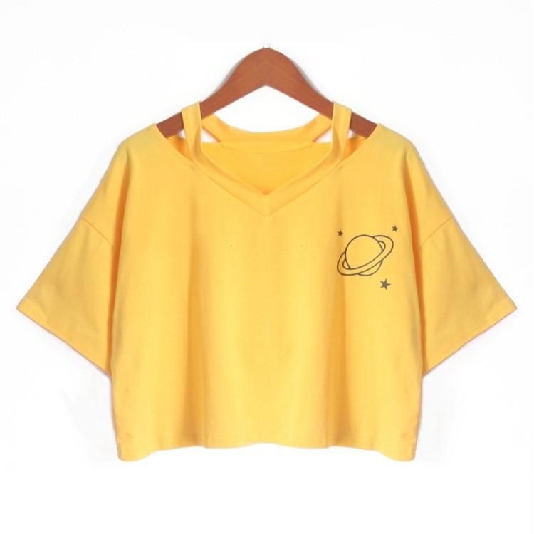 

Летняя женская повседневная майка с принтом планеты с коротким рукавом, блузка, укороченные топы, рубашка M жёлтый