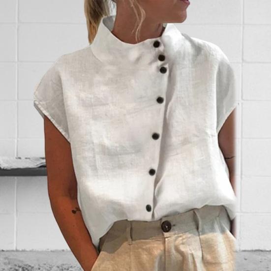 Col Montant Manches Courtes Raglan Chemise Femme Patte de Boutonnage Diagonale Manches Courtes Été Fine Couleur Unie Lâche T-shirt Top Streetwear