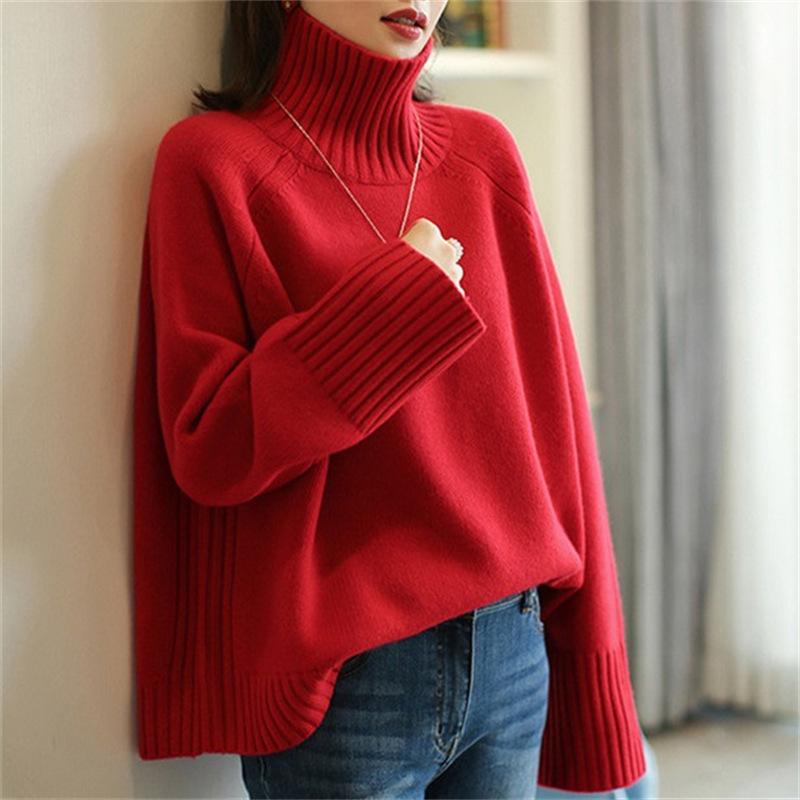 Autumn and Winter Versatile Pullover Knitted Solid Color Turtleneck Pullover Sweater Women's Lazy Loose Casual Bottoming Shirt Women's Tide