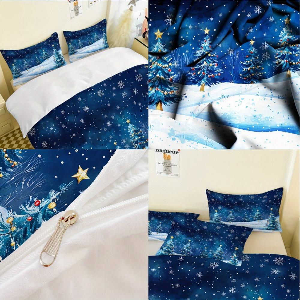 3pcs Blue Bedding Set Snowflakes Print Cozy Soft Duvet Cover King Queen Twin Size for Home Bedroom Decor New Year Christmas Gift