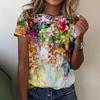 Summer Elegant Temperament Retro 3D Flower Pattern Printed Round Neck Short Sleeved Women's T-shirts