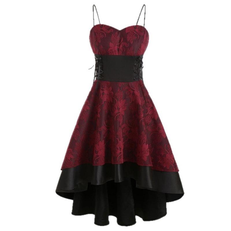 Damen Vintage Gotisches Spitze Abschlussballkleid Spaghettiträger Herz Ausschnitt Korsett Schnürung Hoher Niedriger Saum Ausgestellt A-Linie Abendparty Cocktail Formelles Kleid