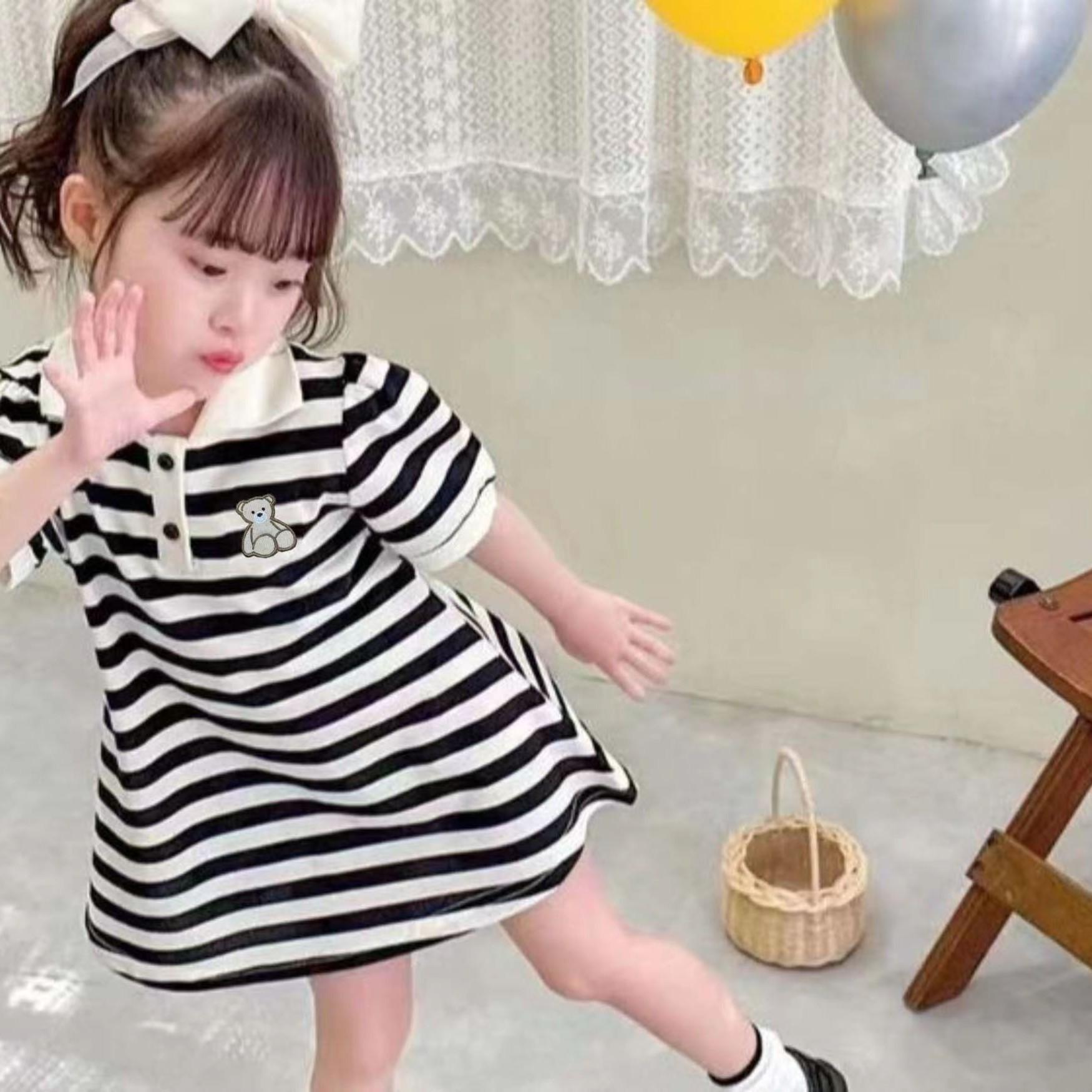 

2026 Girls Black & White Striped A-line Polo Dress - Korean Style Summer Collection 90 cm