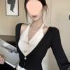V-Neck Patchwork Knit Cardigan - Women's Early Autumn Slim Fit Sweater