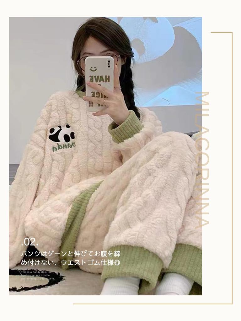 MilaCorinna Fluffy and Warm Flannel Pajamas Set with a Cute Panda and Cable Perfect for Loungewear and Indoor Perfect for Fall and A great Women's