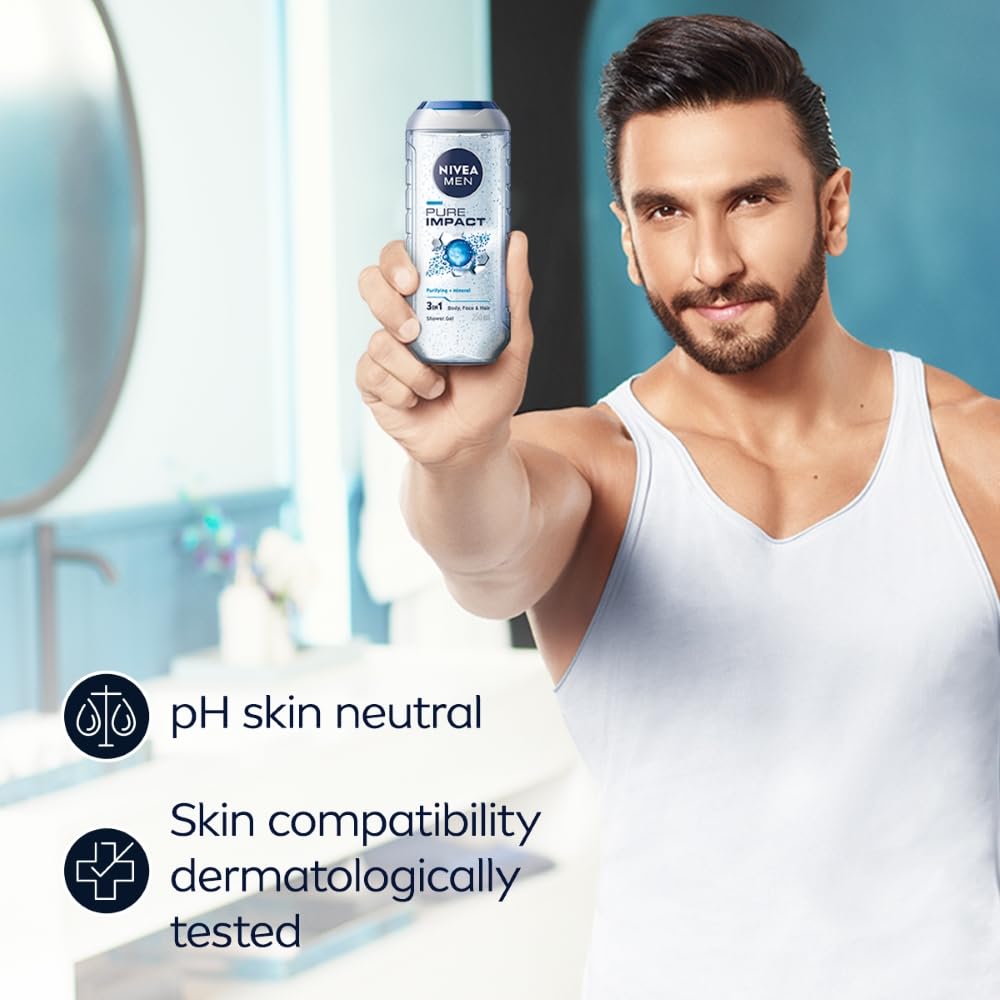 Nivea Männer Pure Impact Duschgel 500ml 3-in-1 Körper Gesichts Haarwäsche Mit Frischem Duft Und Feuchtigkeitsspendender Reinigung