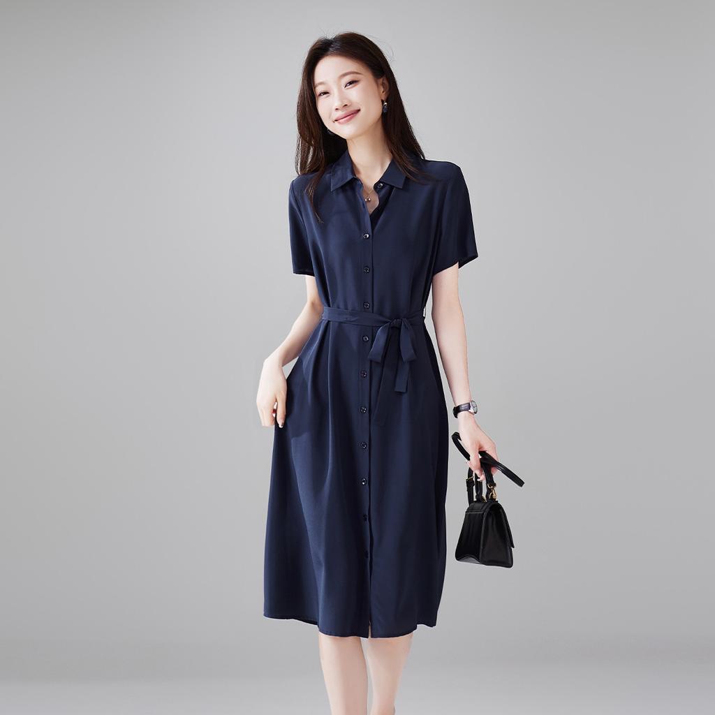 100% mulberry silk shirt dress, 2026 summer waist cinched lace up mid length silk dress