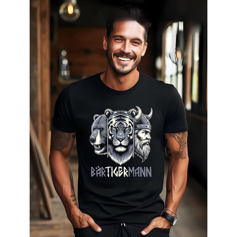 Men'S Viking Beard And Bear Tiger Graphic T-Shirt | with BEARTKERMAANN Print, Edgy Norse Beard And Bear Design, Breathable Regular Fit