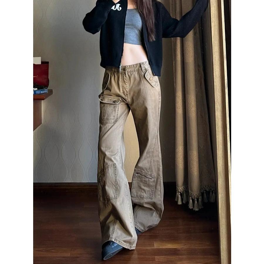 

Легкие расклешенные расклешенные брюки, длинные коричневые джинсы-карго, женские джинсовые брюки, большие размеры 4XL, повседневная одежда 2024 y2k, феякор, 2000-е, гранж