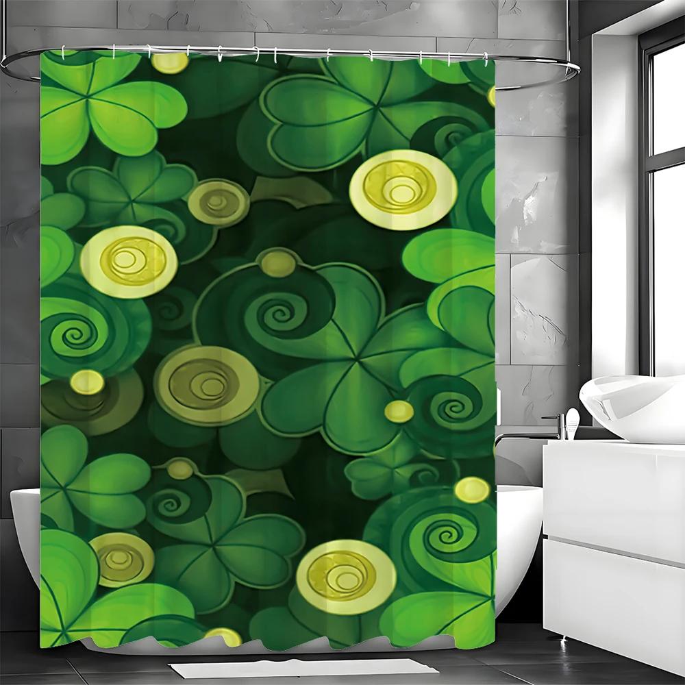 St. Patrick'S Day Clover Gold Coin Shower Curtain, Bathroom Decorative Shower Curtain, Waterproof Shower Curtain With Hooks