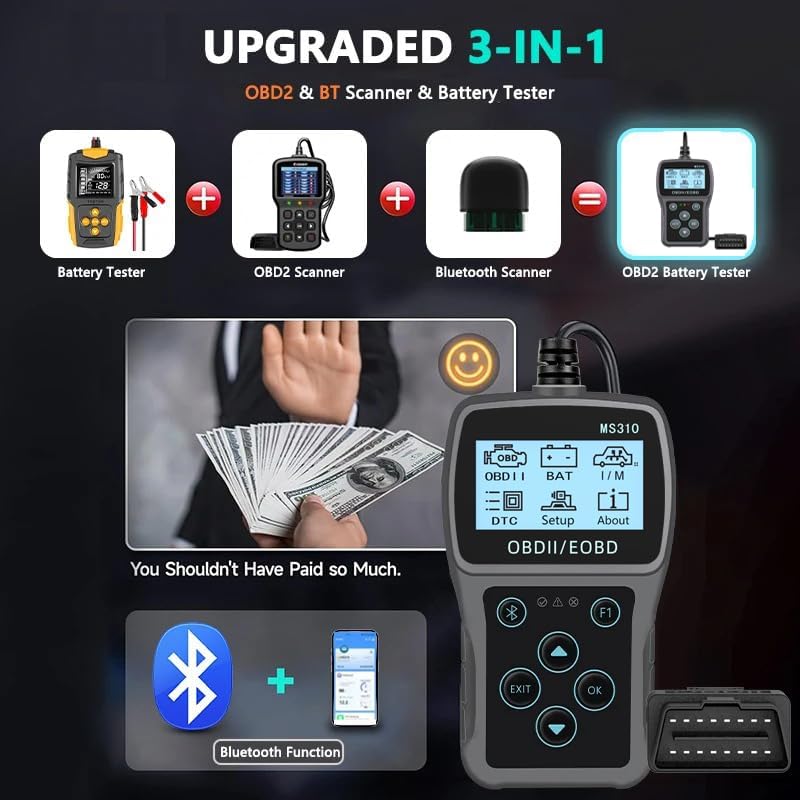 Skaner Bluetooth OBD2 Narzędzie Diagnostyczne, 3-w-1 Czytnik Kodów Błędów Silnika Samochodowego i Kasowanie Kodów Tester Akumulatora Samochodowego Skaner dla Samochodów Wszystkie OBDII od 1996
