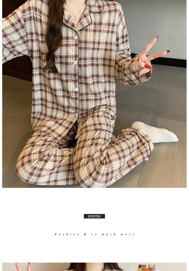 Plaid Long Sleeve Pajama Set with Pants – Spring & Autumn Style, Comfortable Home or Dorm Wear, Suitable for Outdoor Use