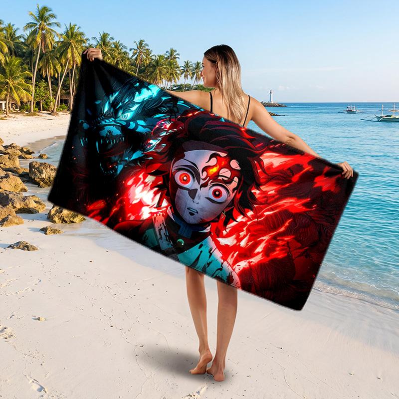 Kamado Tanjiro Printed Swim Towel, Portable Water Absorbent Towel for Beach Camping Daily Bathroom Use
