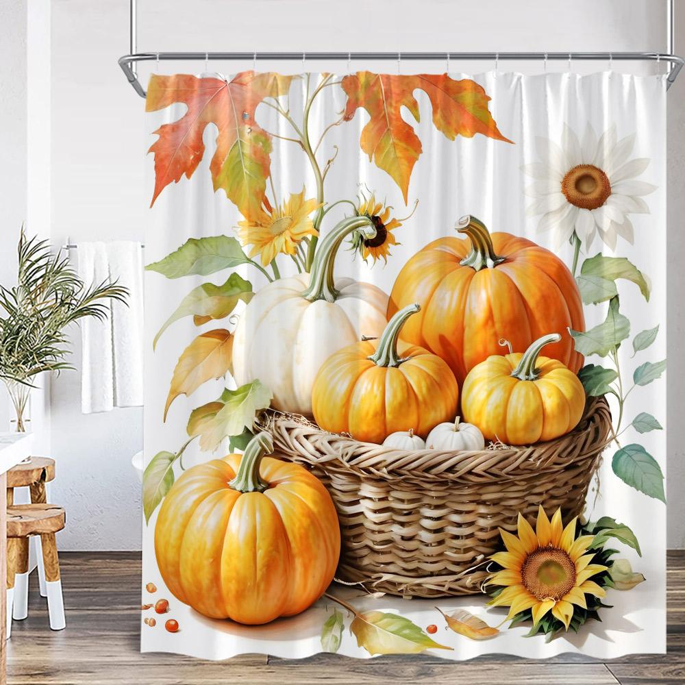 Autumn Pumpkin Shower Curtain Harvest Season Maple Leaf Scarecrow Flower Wooden Plank Barn Farmhouse Bath Decoration With Hook