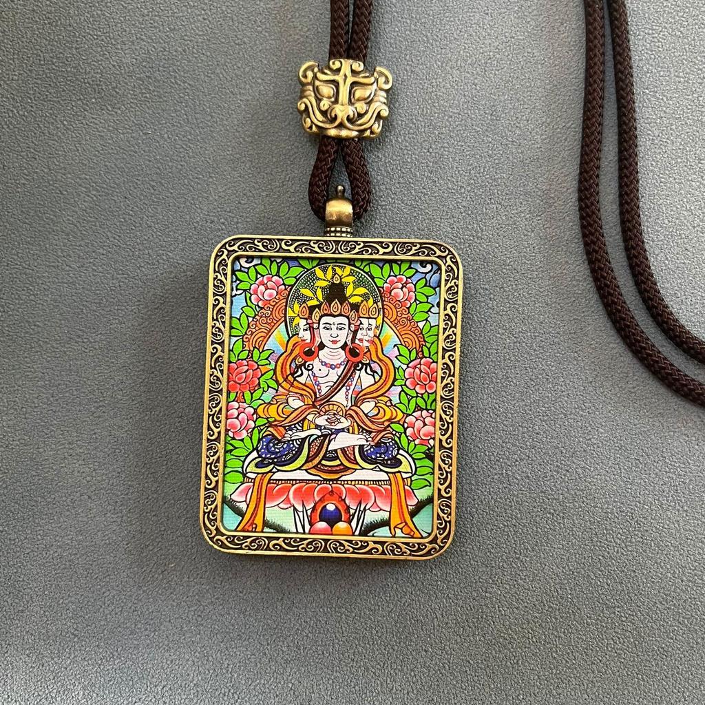 Thangka Pendant Necklace - Yellow & Black Guardian Buddha Amulet