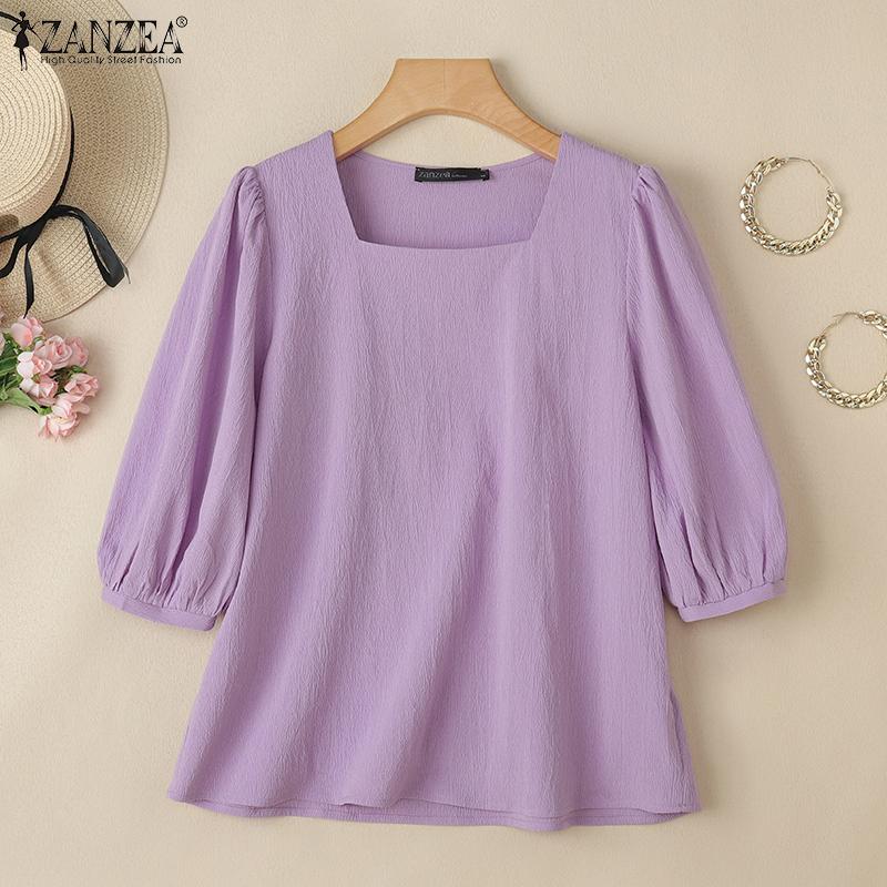 ZANZEA Bluză simplă casual pentru femei cu gât pătrat, mâneci 3/4 largi