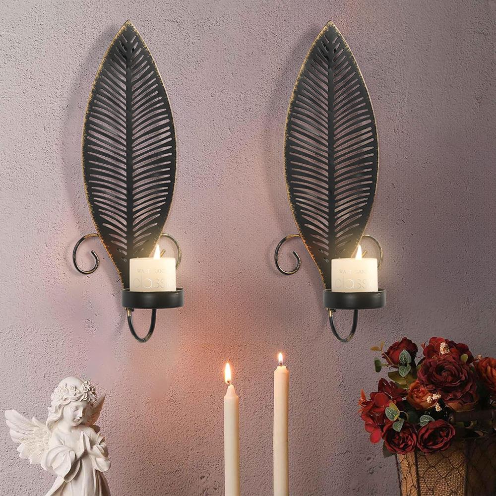 2pc Set Wrought Iron Leaves Wall Mounted Candle Holder European Retro Home Decoration Living Room Doorway Courtyard Ornaments