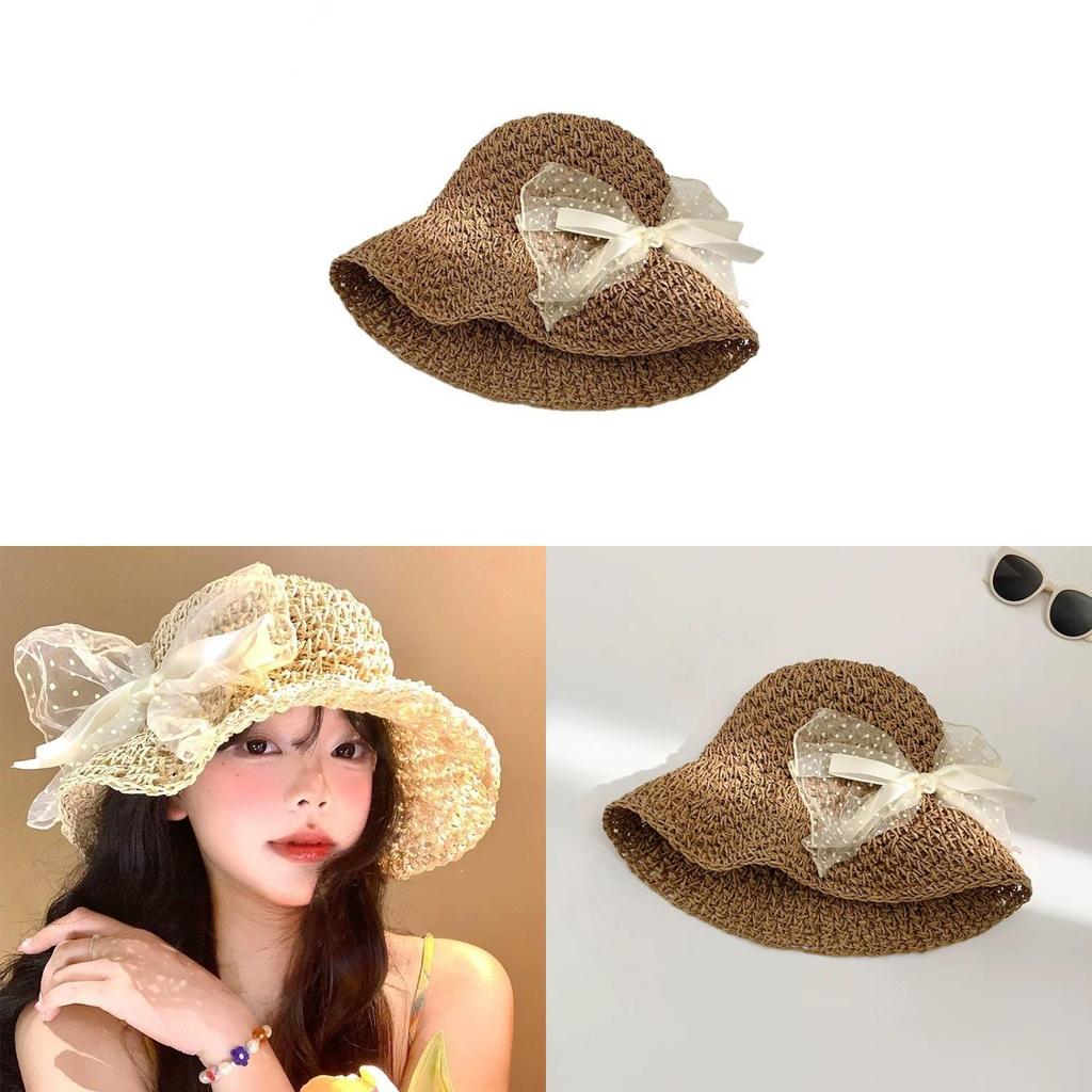 Butterfly Knot Lace Sun Hat For Women Summer Beach Sun Protection Foldable Wide Brim Fashion Accessory