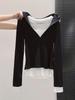 Women's Slimming Hooded Long-Sleeve Two-Piece Faux T-Shirt for Autumn 2025, Base Layer Top