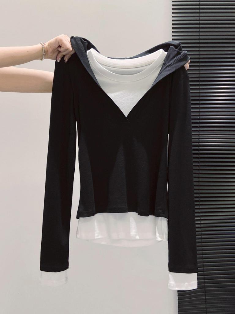 Women's Slimming Hooded Long-Sleeve Two-Piece Faux T-Shirt for Autumn 2025, Base Layer Top