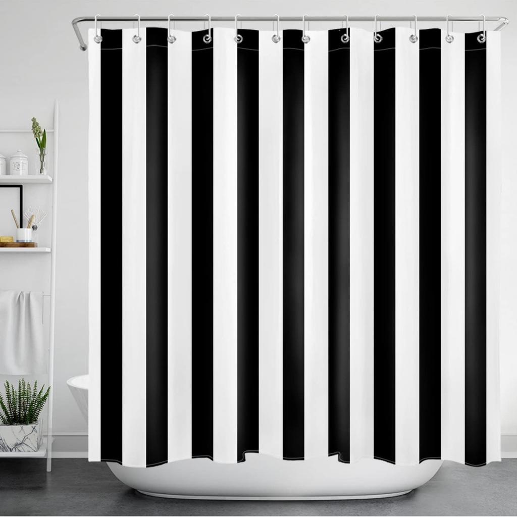 Black And White Shower Curtain Striped Bathroom Curtain Waterproof Polyester Fabric Fashionable Bathroom Shower Curtain Decoration With Hook