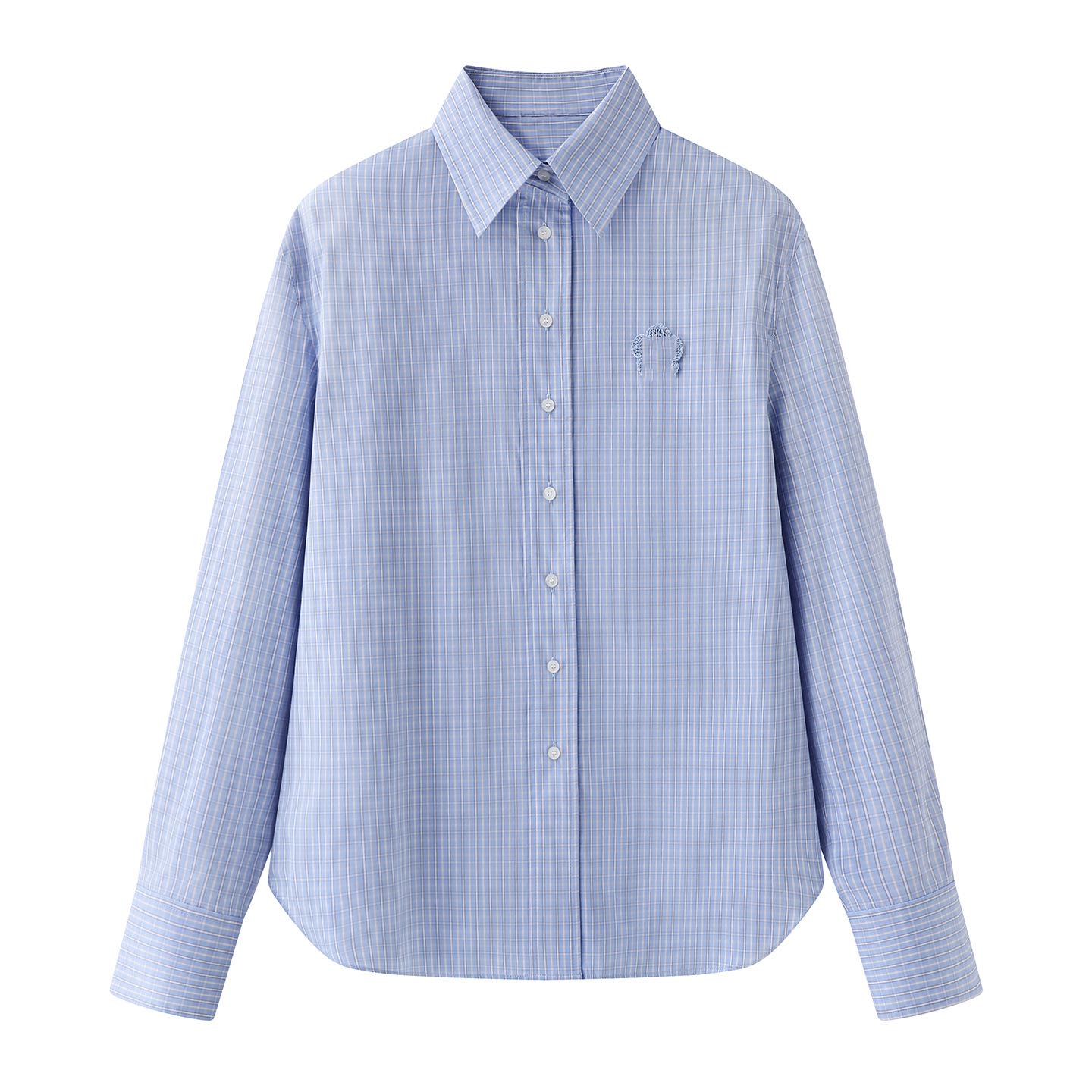 Spring 2026 Women s Loose Plaid Shirt with Floral Embroidery - Long Sleeve Small Top M синий