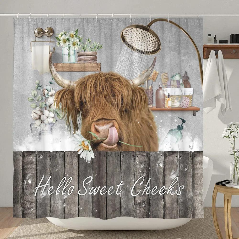 

Забавная фермерская шторка для душа с высокогорной коровой, винтажная западная, бык, скот, деревенская, кантри, шторки для душа, забавные животные, декор для ванной 90x180cm-35x70in